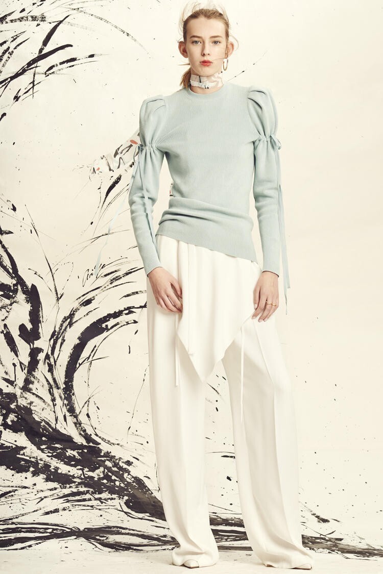 ADEAM Ceramic blue gathered shoulder rib top