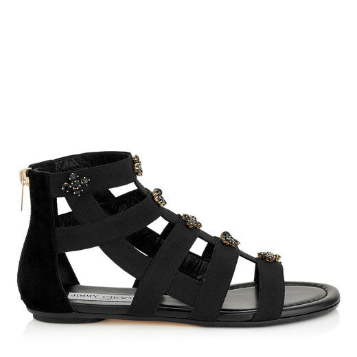 JIMMY CHOO Waiver Flat Black Mix Suede And Elastic Flat Sandals With Jewel Embellishments