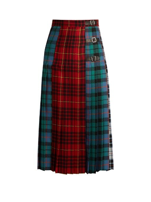 GUCCI Pleated Tartan Wool Midi Skirt