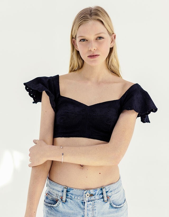 BERSHKA Gingham embroidery bra top with frill