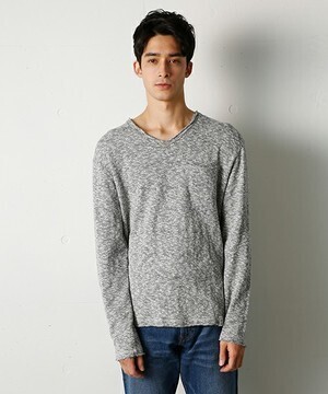 AZUL by moussy PU混粗杢スラブVネック長袖T