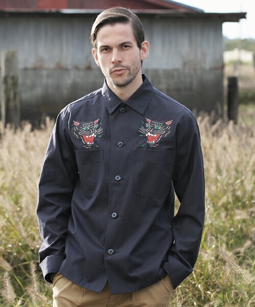 MR.OLIVE BUSH POPLIN CLOTH / BK PANTHER SOUVENIR SHIRT