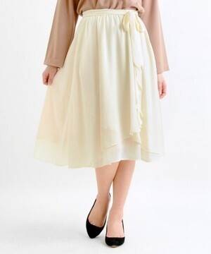 Perle Peche ラッフルフレアーリボンベルトスカート