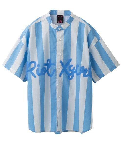 X-girl STRIPED S/S BAND COLLAR SHIRT