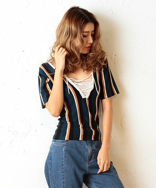 SPIRALGIRL レースアップ2WAYマルチニットトップス