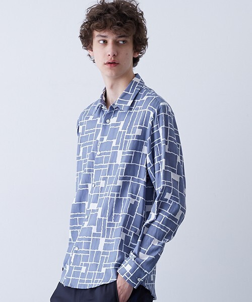 ETHOSENS レーヨン幾何学柄シャツ