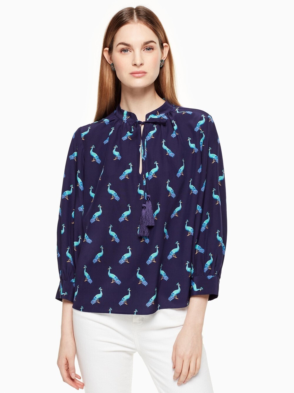 kate spade new york FULL PLUME PEACOCK SILK SWING TOP