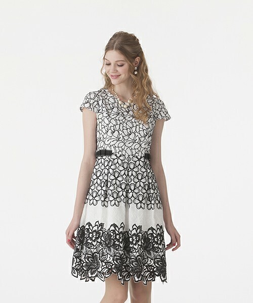 Rose Tiara グログランボーダーフラワー刺繍ワンピース