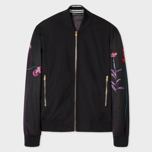 Paul Smith Black Stretch-Wool Bomber Jacket With Floral Embroidery
