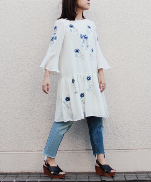 mysty woman ヴィンテージジョーゼット刺繍ティアードワンピース