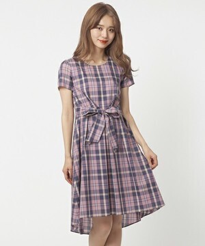 Rose Tiara ウエストリボン使いチェック柄イレギュラーヘムワンピース