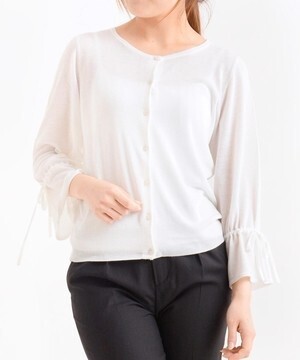Perle Peche 袖リボンクルーネックカーデ