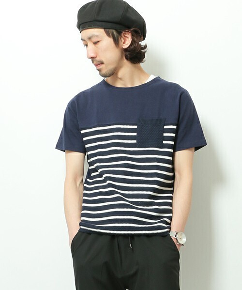 ikka ハニカムボーダー切り替えTEE