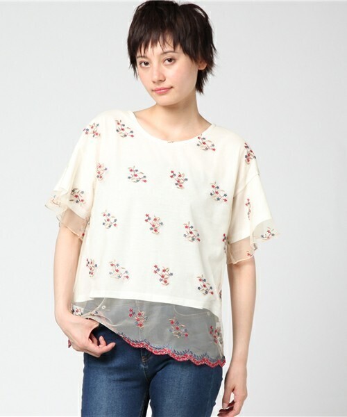 POU DOU DOU スカラップエンブロイダリーチュール重ねTシャツ