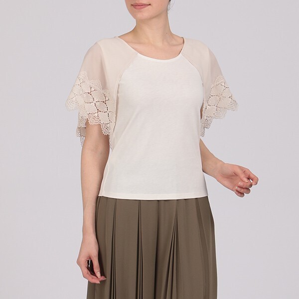 LAURA ASHLEY ウーヴン アンド レース キャップ スリーブ トップ
