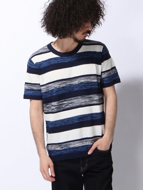 MEN'S BIGI クルーネック パネルボーダー柄ニット（半袖）