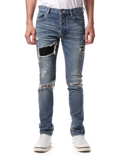 ATTACHMENT 13.5ozハイストレッチセルヴィッチデニム スーパースリム　DAMAGED(NAVY)
