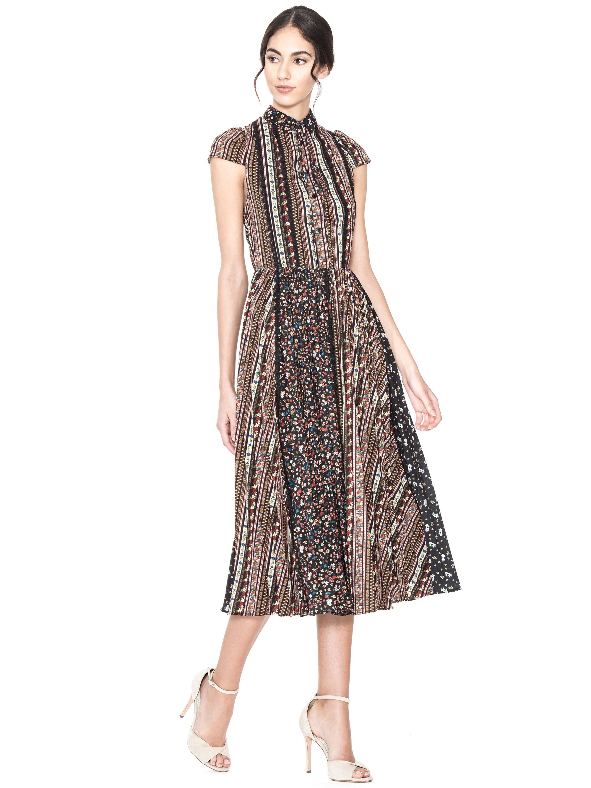 Alice + Olivia BALE LACE INSERT COLLARED PLEATED DRESS