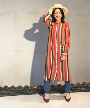 Unaca マルチストライプ前開きワンピース