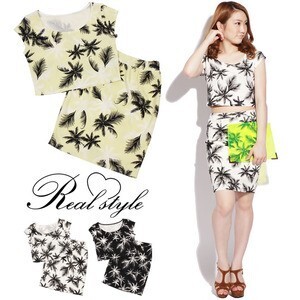 Real Style ヤシの木柄クロップドトップス＆ペンシルスカートセットアップ