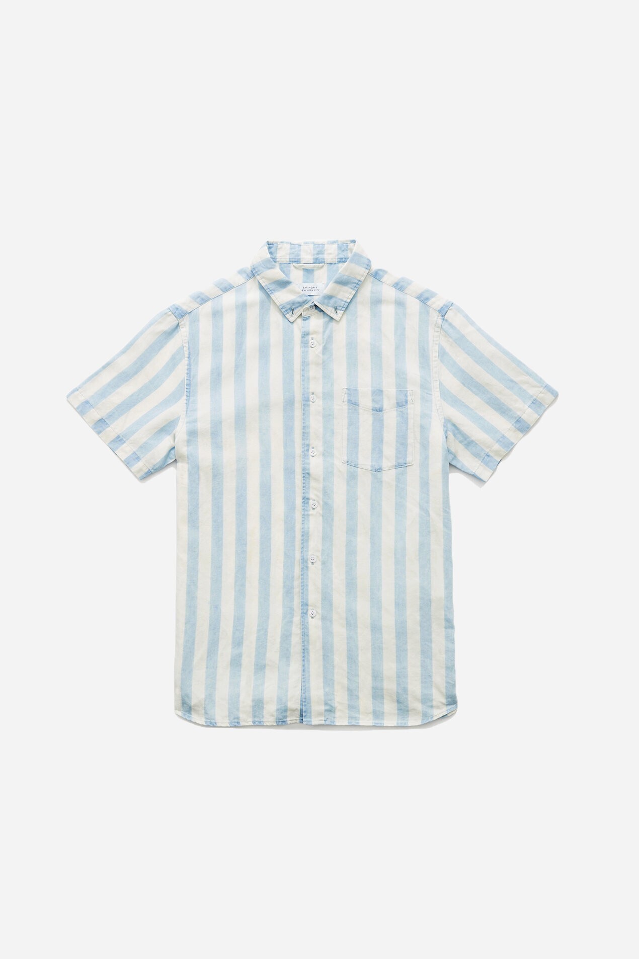 SATURDAYS NEW YORK CITY Esquina Button Down Linen Stripe Short Sleeve Shirt Bleached Wash