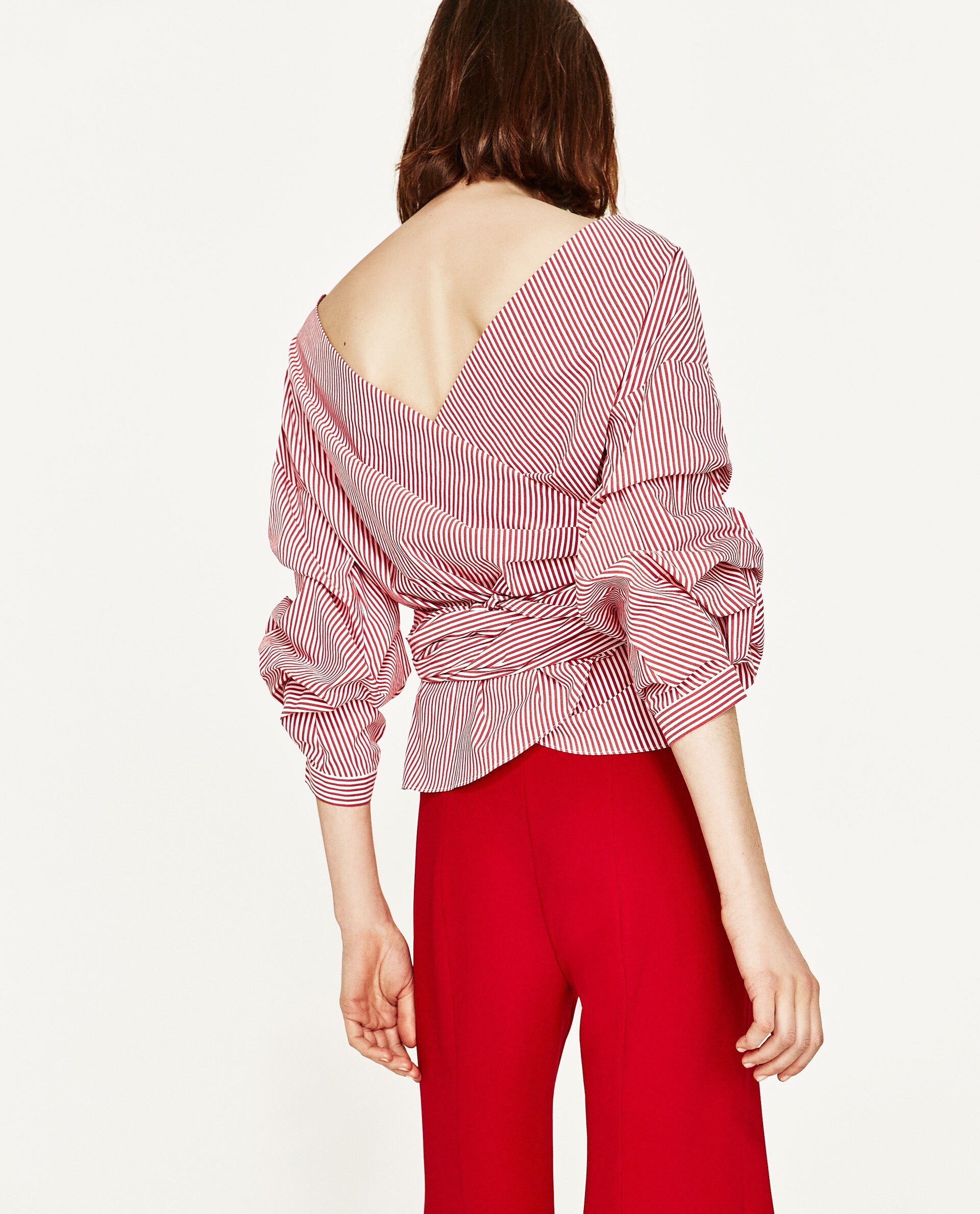 ZARA プリーツ加工袖＆リボンベルトストライプブラウス