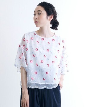 merlot plus 花刺繍シースルースカラップヘムトップス
