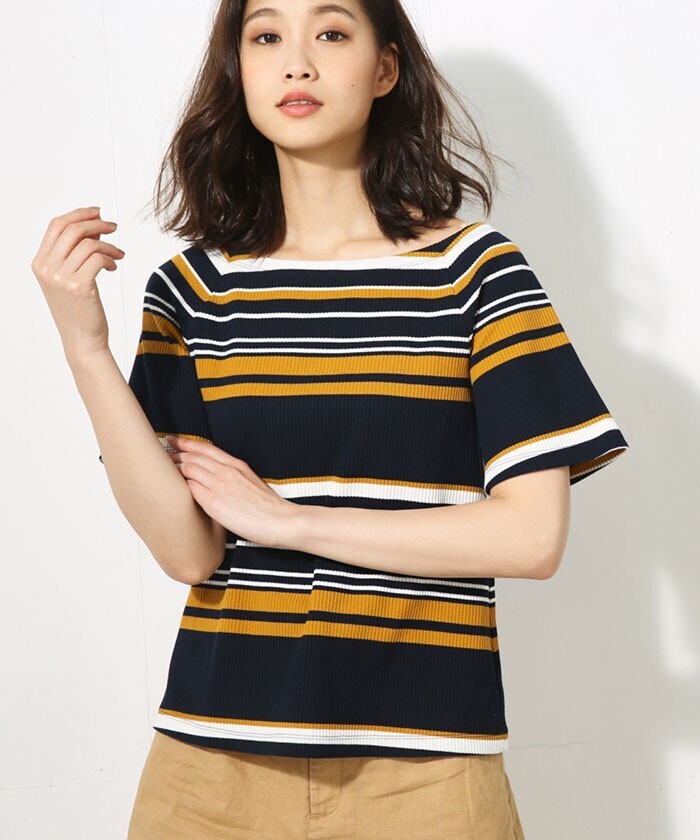AZUL by moussy Aラインリブカットマルチボーダー半袖プルオーバー