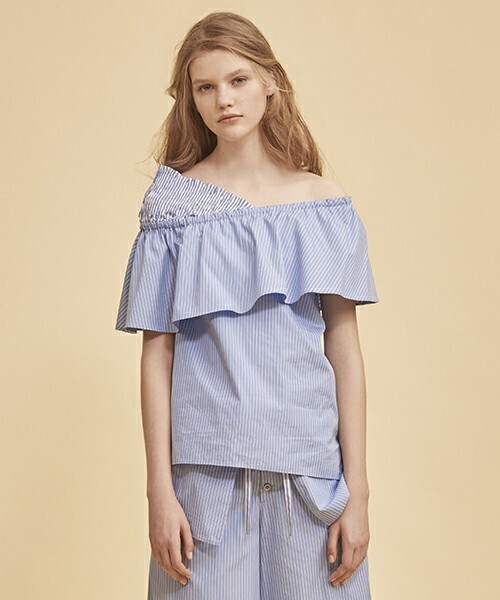 LE CIEL BLEU ミックスストライプランダムショルダートップス