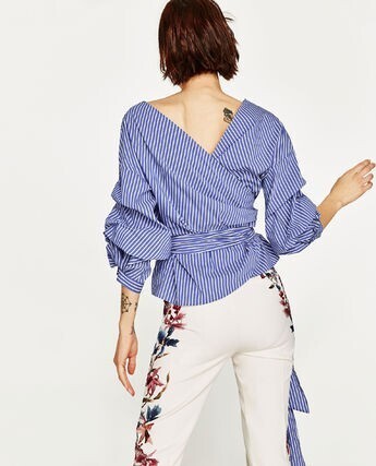 ZARA パフスリーブルリボンストライプシャツブラウス