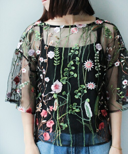 mysty woman チュール刺繍キャミ付き前後2wayプルオーバー