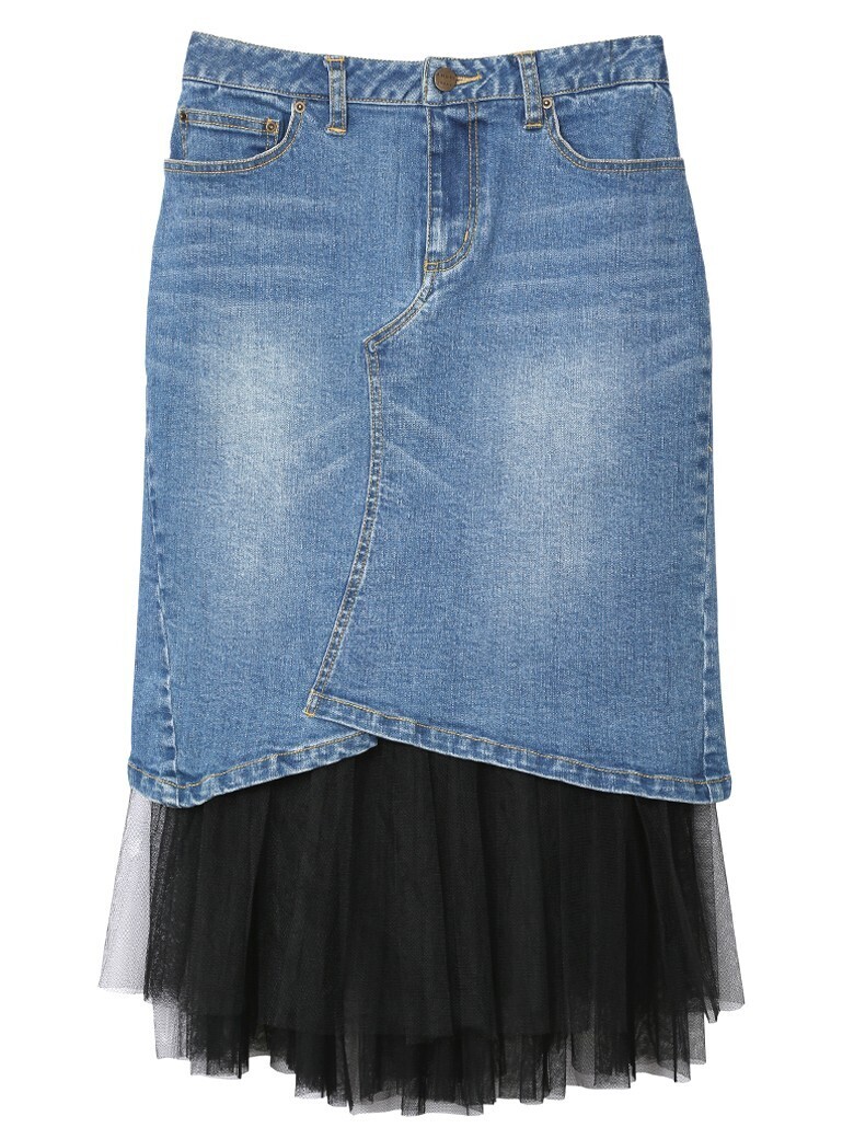 AMERI VINTAGE TULLE LAYERED DENIM SKIRT