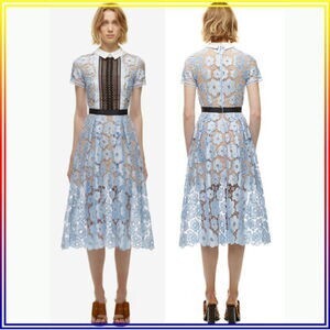 Self-Portrait Flower Garden Guipure Sleeve Midi Dress