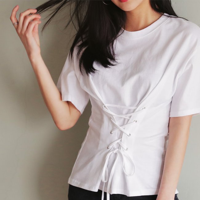 DHOLIC フロントレースアップショートスリーブTシャツ