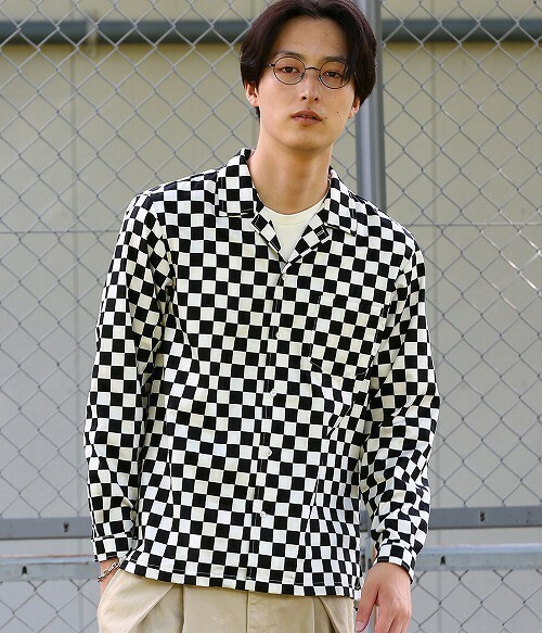 JUNRed チェッカーフラッグオープンカラーシャツ
