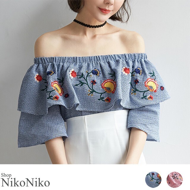 ショップにこにこ 刺繍フレアスリーブブラウス