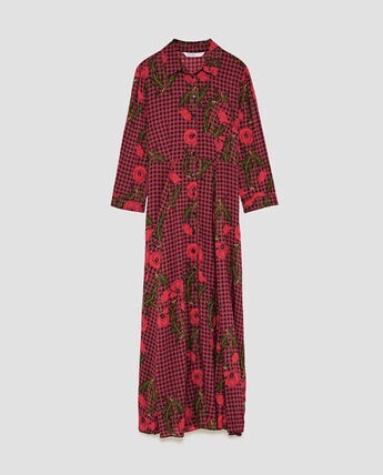 ZARA チェック×花柄　ロングシャツワンピース