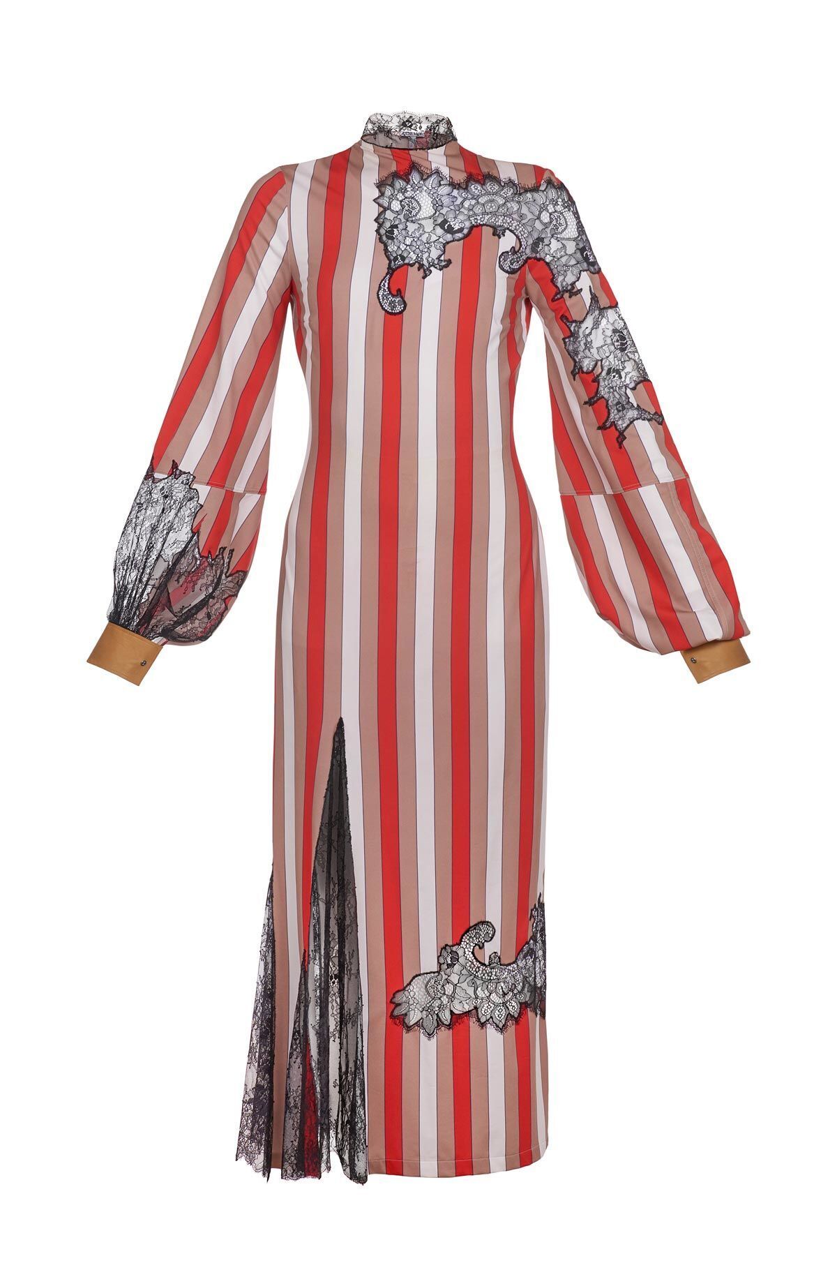 LOEWE Stripe Dress W/ Lace Inserts Brown/Red