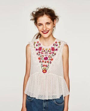ZARA 刺繍入りドットメッシュ地トップス