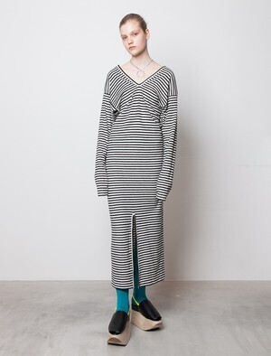 beautiful people ウールパイルボーダーオイランネックドレス