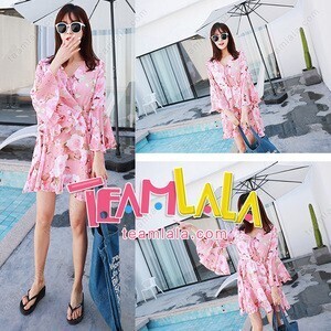 teamlala ピンクペア ラッパ袖 日焼け止め カップルペアルック 紫外線防止ワンピース  花柄Vネック レディースワンピース