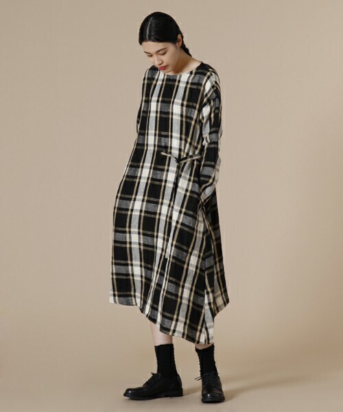conges payes ADIEU TRISTESSE リネンチェックアシンメトリーワンピース