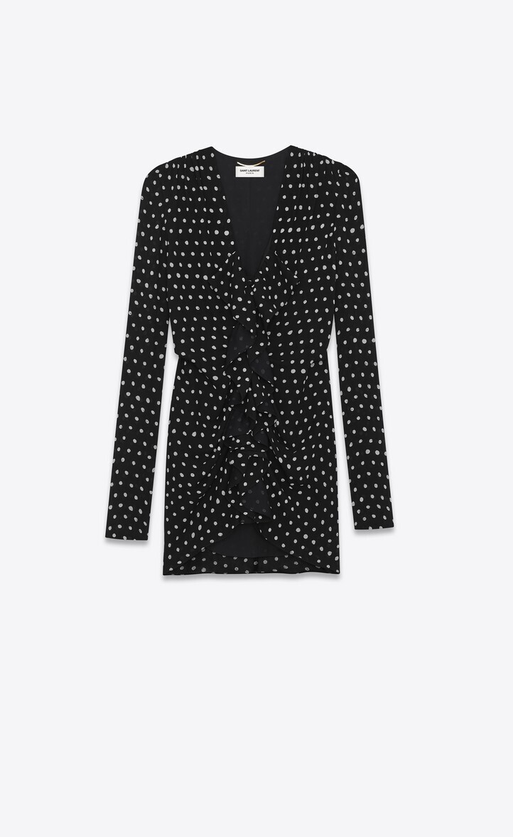SAINT LAURENT PARIS 黒地に白い水玉模様の入ったクレープ織りのフリル付きミニドレス