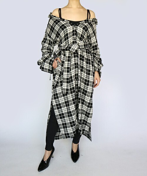 AULA AILA OFF SHOULDER CHECK SHIRT DRESS