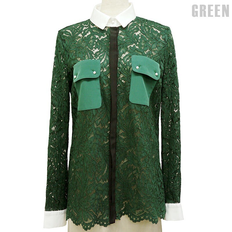 Adonisis CLASSIC DESIGN LACE BLOUSE CREPE DE CHINE POCKET MINI PEARL BUTTON（グリーン）