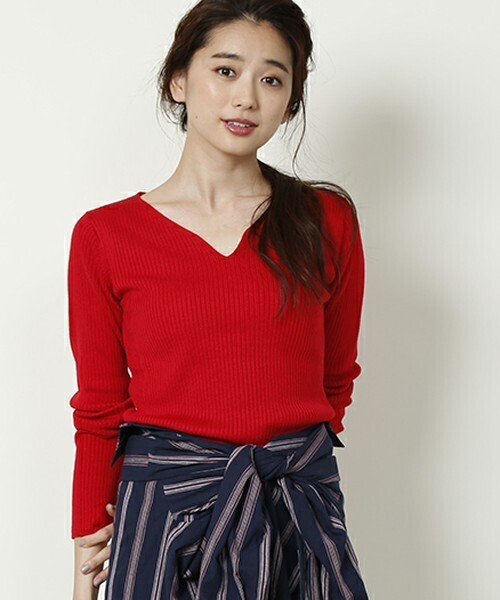 FREAK'S STORE ウォッシャブルキーネックリブニット