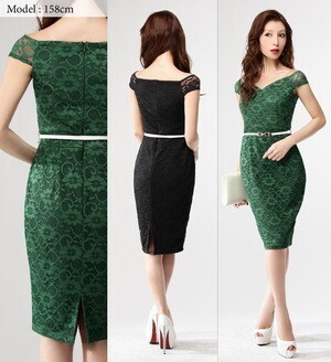 DressLine ベルト付き ワイドVネック 総レースペンシルスカート ワンピースドレス