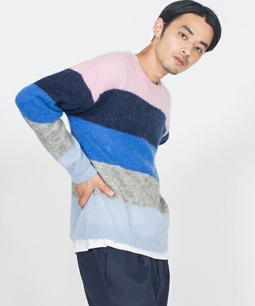 SHIPS JET BLUE モヘヤ ボーダークルーネックニット■