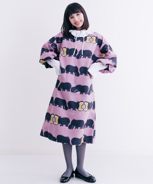 merlot ピッポポタムス柄パフスリーブワンピース7282