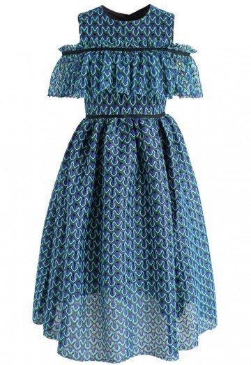 Chicwish Enchanting Peacock Feathers Airy Cold-shoulder Dress in Green